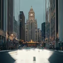 a view of city buildings with the clock tower in the background