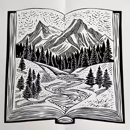 a drawing of mountains and trees,a black and white drawing of trees in the mountains