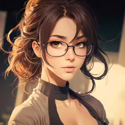 a woman in a black dress with eyeglasses and short hair