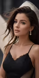 a woman in black shirt wearing earrings and dress