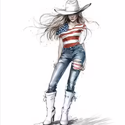 a woman with a flag shirt and boots on is standing