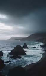 ocean, rock formation and mountain on a cloudy day