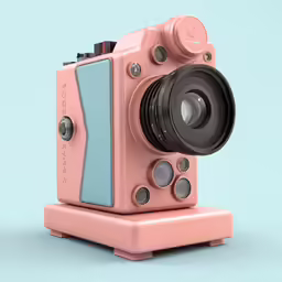 an old camera with a pink body and lens