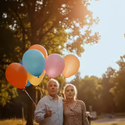 a man and woman holding up colorful balloons