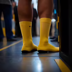 a close up view of yellow socks in a subway
