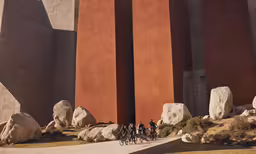 a group of people walking past tall red rocks and a walkway