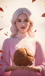woman wearing pink dress and holding bread loaf in her hands
