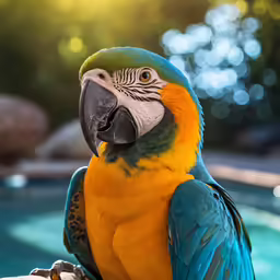 the colorful parrot is standing on the perch