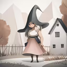a girl dressed in a witch hat stands next to her home