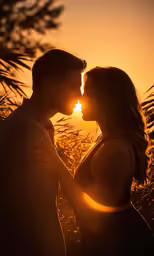 the couple is standing next to each other in the field at sunset