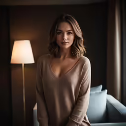 a beautiful woman in a sweater is sitting on a blue couch