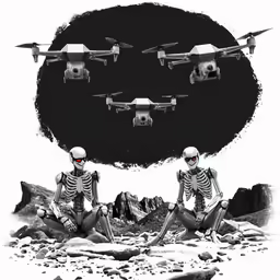 skeletones sitting on rocks with quadders above them