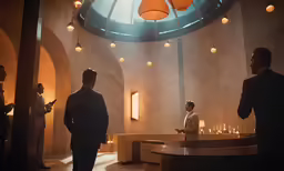 an artistic shot of three people talking to one another in a circular room