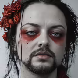 man with red makeup and flowers in his hair