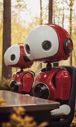 an red and white robot sitting at a table