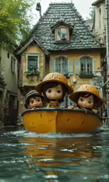 three toy people in a raft in a river