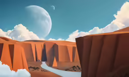 the desert is surrounded by giant, rocky mountains