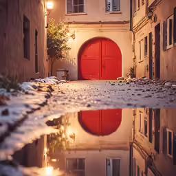 the red door is reflected in the reflective surface