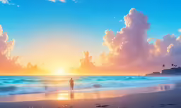 a man is standing alone on a beach