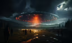 the aliens fly around in a sky full of light,a large alien hovering over a forest covered hillside