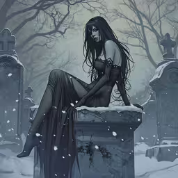 a gothic woman sitting on top of a cemetery,a woman sitting on top of a tombstone in the snow