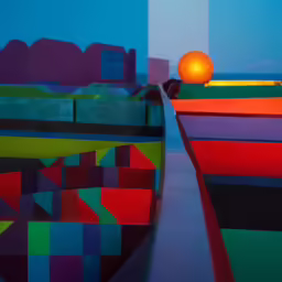 colorful, artful scene in a city building with one orange sphere and multiple color blocks