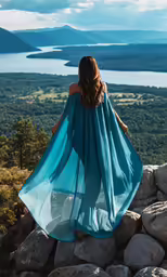 woman standing on rocks with a cape over her shoulder