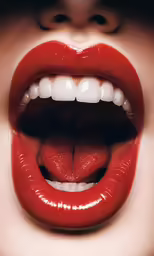 woman wearing long red lipstick with white teeth