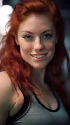 red hair and blue eyes make this woman look pretty,a red haired woman in grey tank top holding something