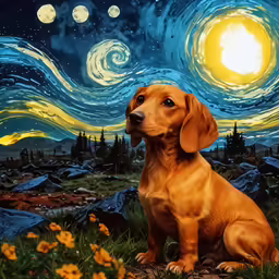 a dog sitting in the grass near rocks