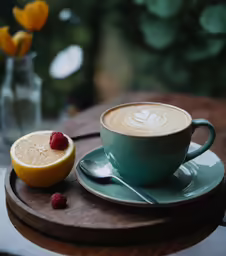 an upclose photograph of a cappuccino with a lemon wedge