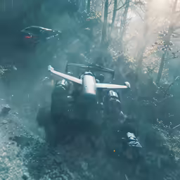 an suv parked in the woods with a jeep behind it