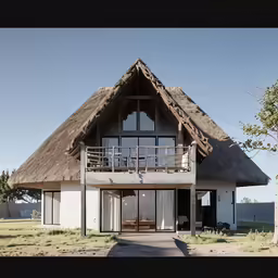 a house made with thatched roof and balconys