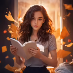a girl holding a book in front of flying paper objects