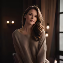 a beautiful woman posing for a photo with some lights around her