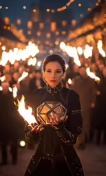 a girl in black holding lit fire as she walks down a street