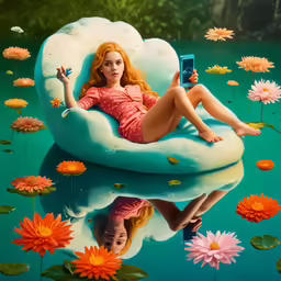 an image of woman on cloud with flowers floating around