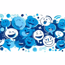 blue and white background with many cartoon faces