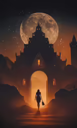 the woman walks through an alley towards a large castle