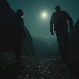 two people walking away from the camera on a dark path with mountains and moon shining