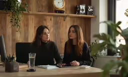 two women sit side by side at a desk