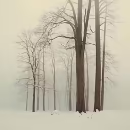 a lone horse grazing in a forest of tall trees