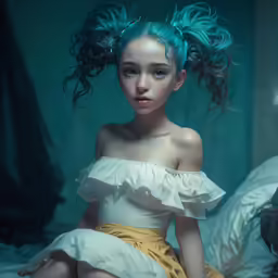 a young lady that is sitting down with blue hair