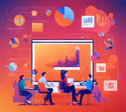 several people working on computer in front of large flat screen,a series of graphic illustrations showing people using computers