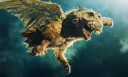 an owl with an enormous head flying in the sky