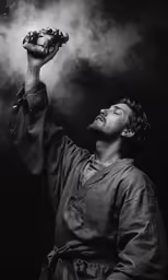 a man is praying while holding his hands up
