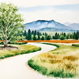 a watercolor painting of a pathway to a mountain