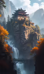 a waterfall with some mountains in the background