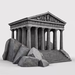 a building sitting on top of a pile of rock next to a staircase