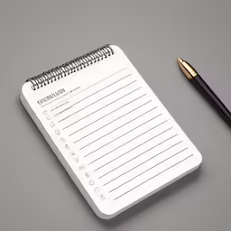 an open spiral bound notebook, pen and note pad on a gray background